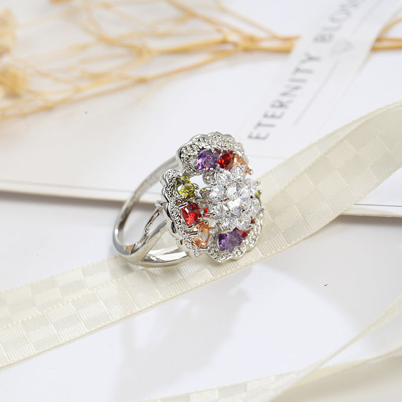 Colorful Cubic Zirconia Ornate Floral Ring, statement rings for women, everyday style, side view