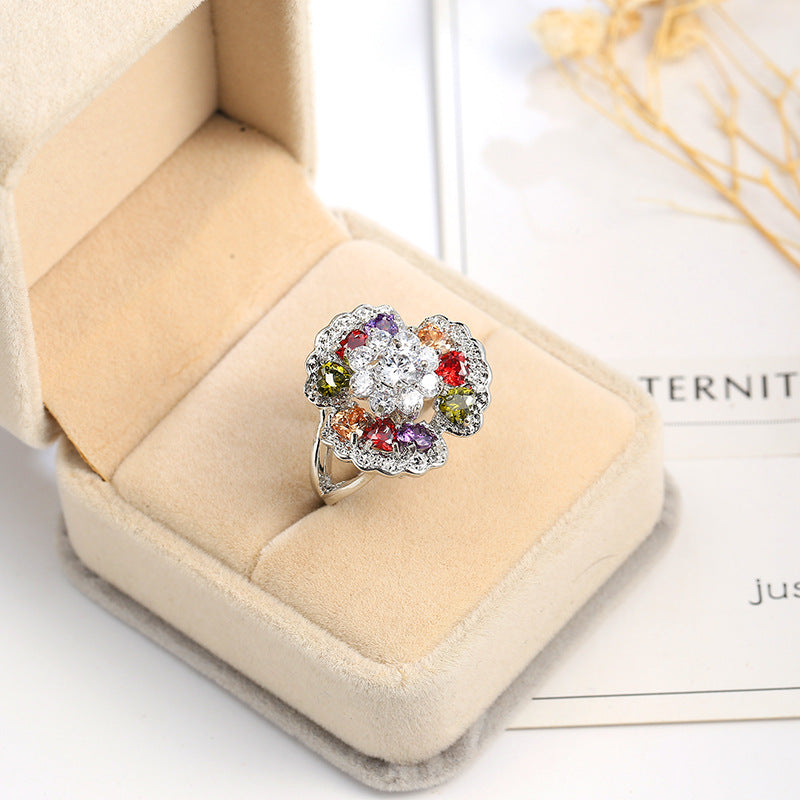Colorful Cubic Zirconia Ornate Floral Ring, statement rings for women, everyday style, detail close-up