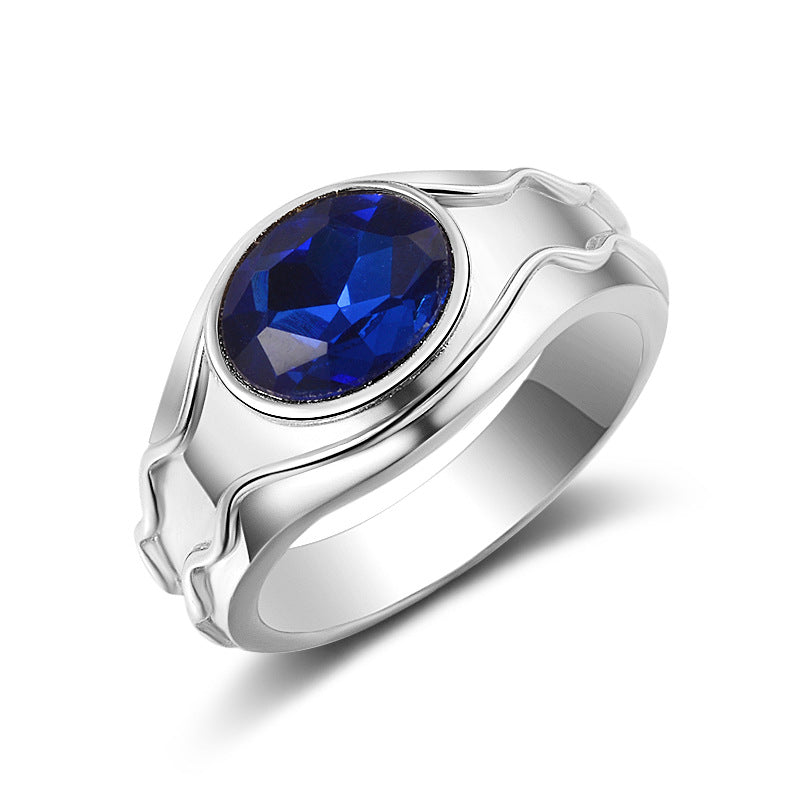 Blue Oval Crystal and Silver-Plated Band Ring, silver statement rings for women, vintage-inspired design, front view