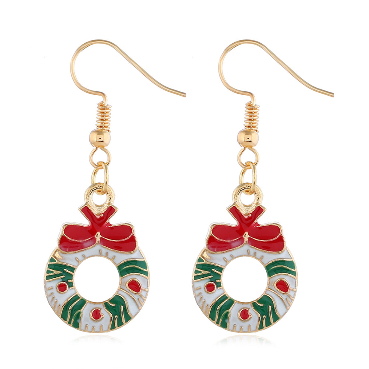 White and Red Enamel 18K Gold-Plated Bow Wreath Drop Earrings, gold drop earrings for women, botanical inspired, front view