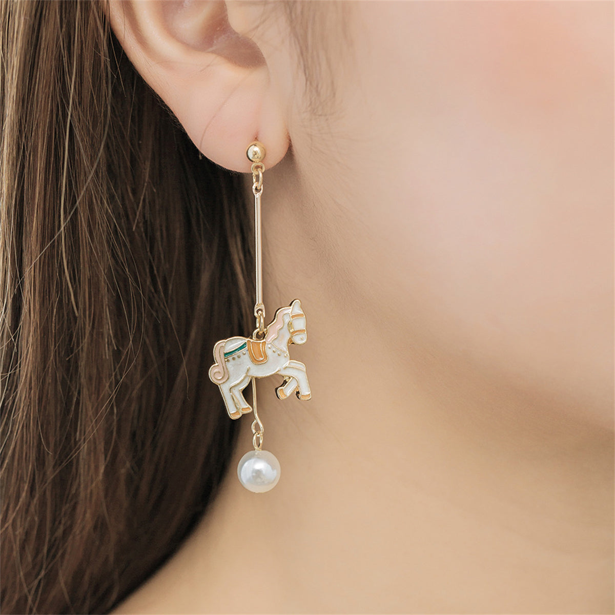 Pearl & 18K Gold-Plated Carousel Horse Drop Earrings