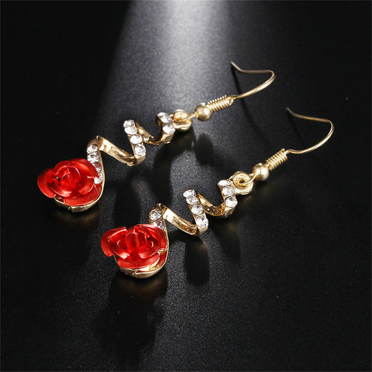 Red and Cubic Zirconia Swirl Rose Drop Earrings, drop earrings for women, vintage-inspired design, front view