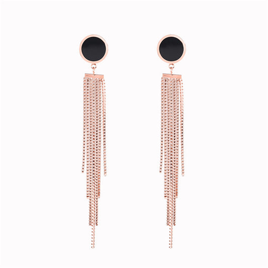Black Acrylic and 18K Rose Gold-Plated Round Tassel Drop Earrings, rose gold drop earrings for women, front view