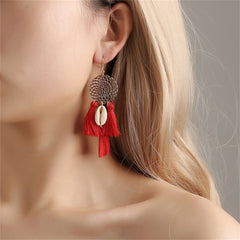 Red Polyster & Shell 18K Gold-Plated Cowrie Tassel Openwork Drop Earrings