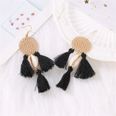 Black Polyster & Shell 18K Gold-Plated Cowrie Tassel Openwork Drop Earrings