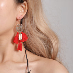 Red Polyster & Shell 18K Gold-Plated Cowrie Tassel Openwork Drop Earrings