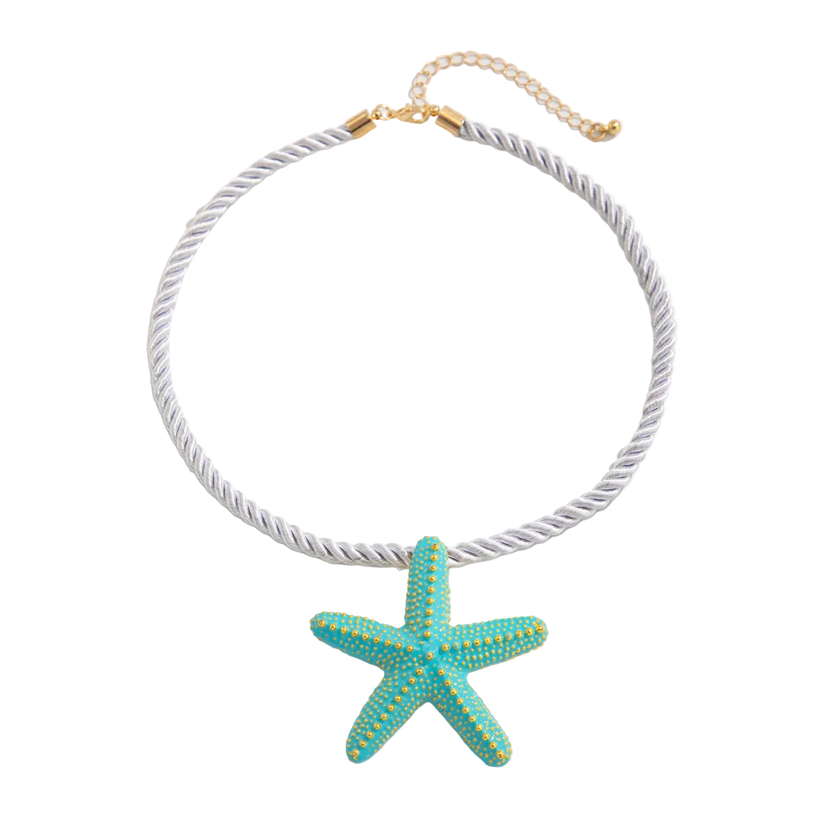 Thick Polyster Cord and Blue Enamel Goldtone Starfish Statement Necklace, everyday style, front view
