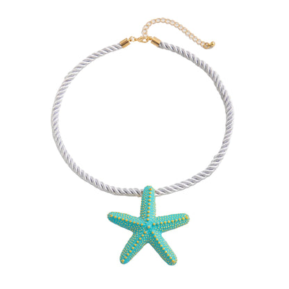 Thick Polyster Cord and Blue Enamel Goldtone Starfish Statement Necklace, everyday style, front view
