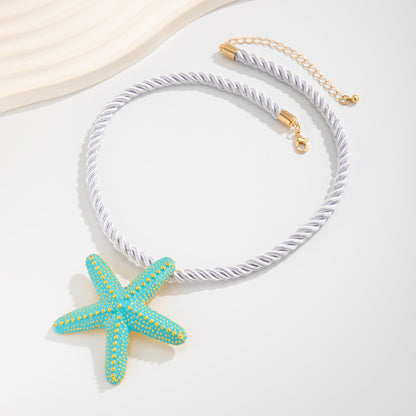 Thick Polyster Cord and Blue Enamel Goldtone Starfish Statement Necklace, everyday style, side view
