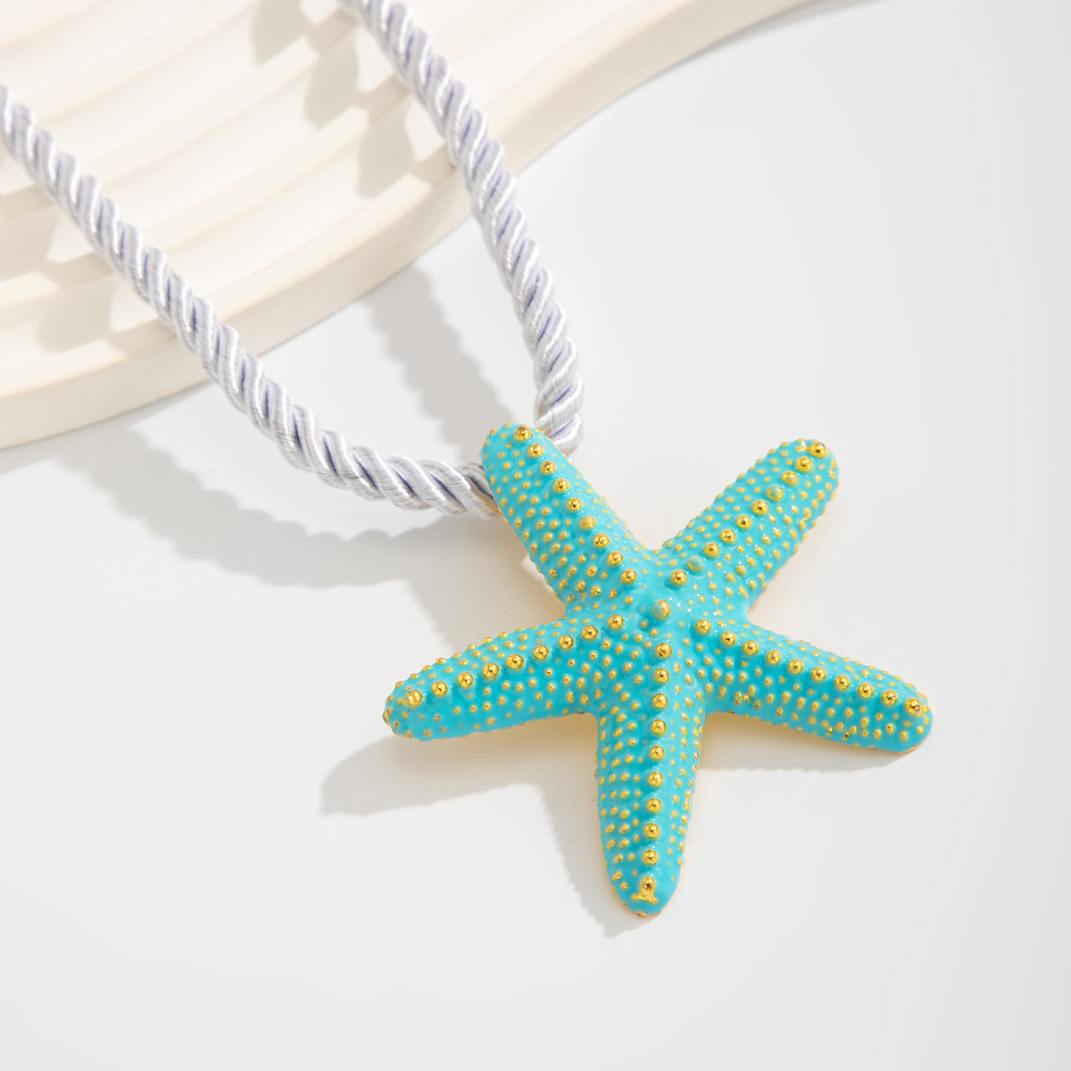 Thick Polyster Cord and Blue Enamel Goldtone Starfish Statement Necklace, everyday style, detail close-up