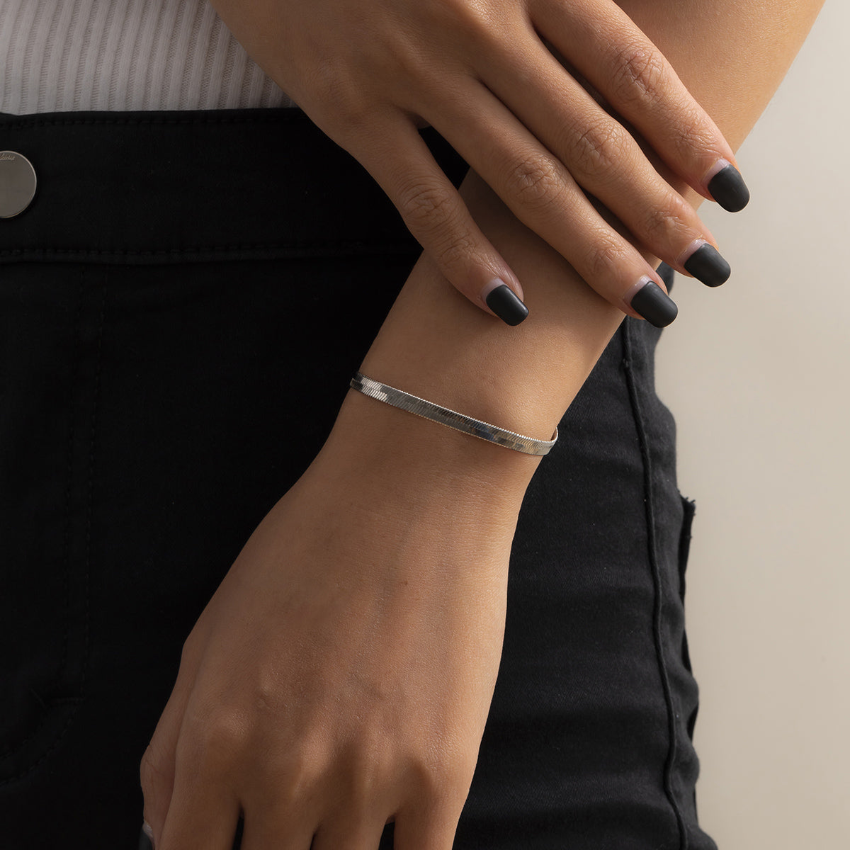 Silver-Plated Herringbone Chain Bracelet, silver bracelet for women, elegant gift for her, front view