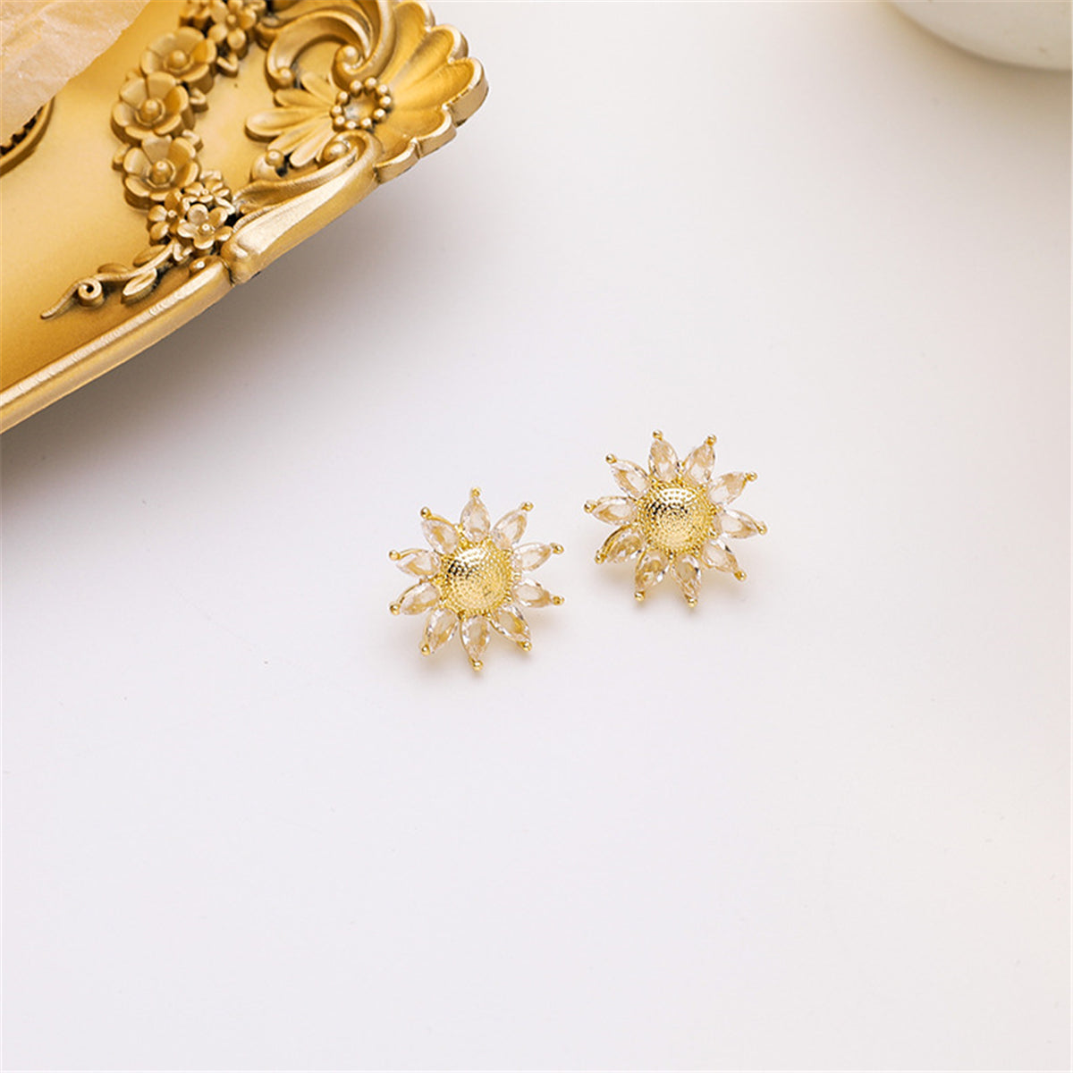 Crystal and 18K Gold-Plated Sunflower Stud Earrings, gold stud earrings for women, everyday style, lifestyle look