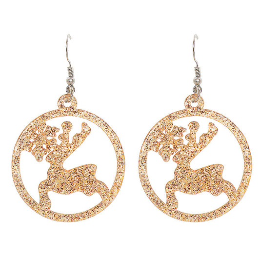 Golden Acrylic and Silver-Plated Glitter Openwork Reindeer Round Drop Earrings, silver drop earrings for women, front view