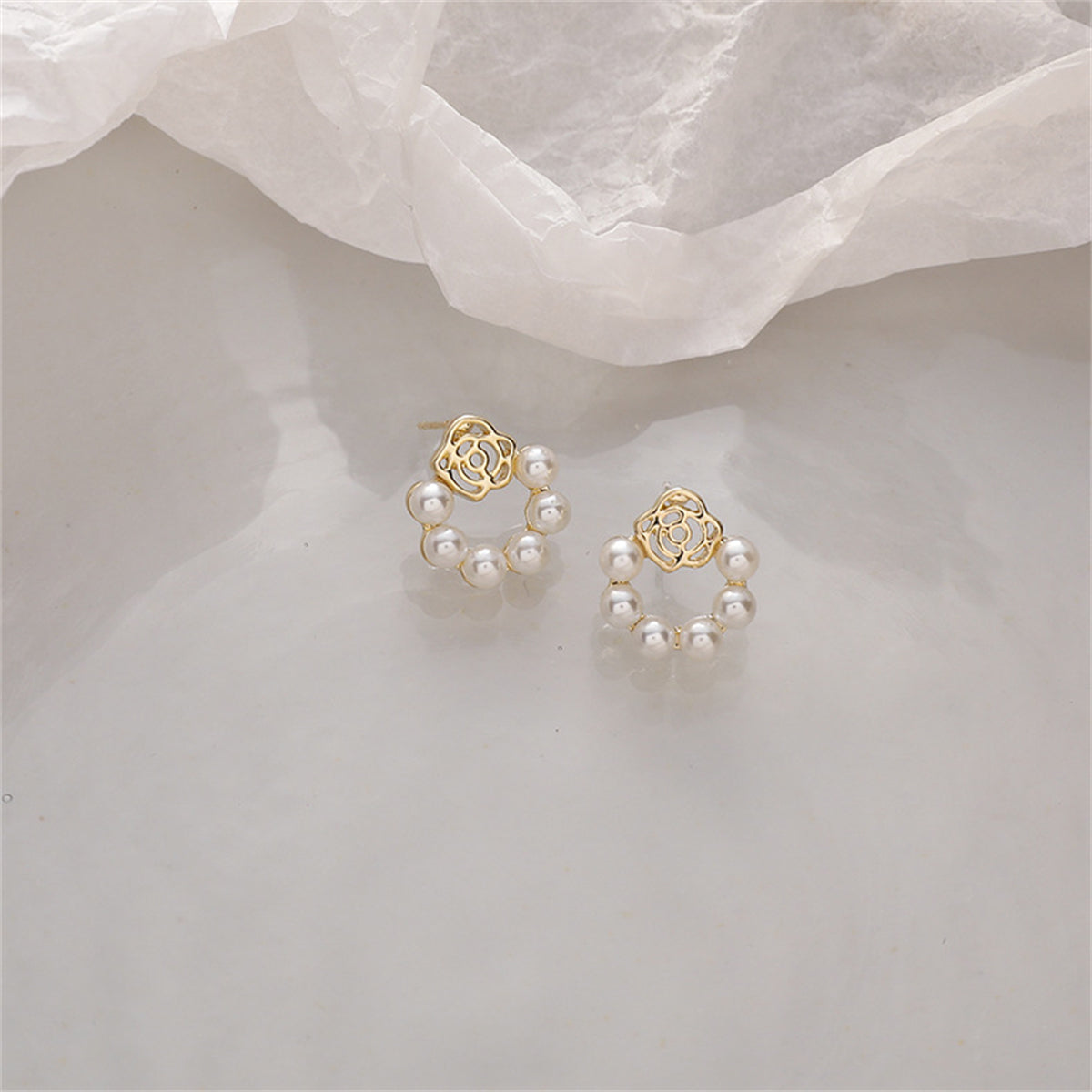 Pearl & 18K Gold-Plated Lotus Wreath Stud Earrings