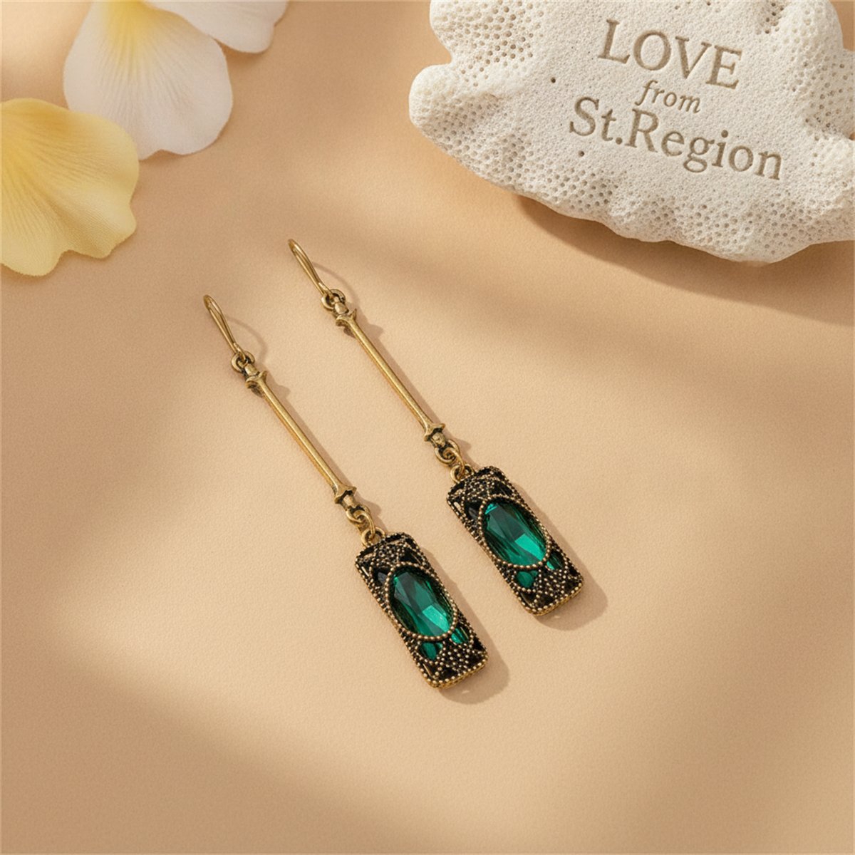 Green Crystal and 18K Gold-Plated Textured Drop Earrings, gold drop earrings for women, botanical inspired, lifestyle look