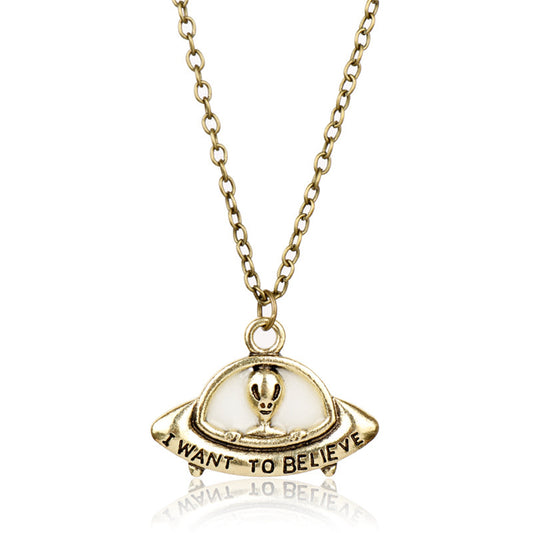 Enamel and 18K Gold-Plated 'I Want To Believe' Alien UFO Pendant Necklace, gold pendant necklace for women, front view