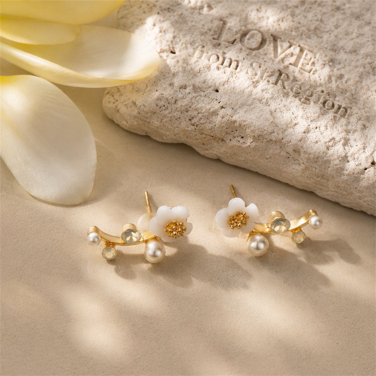 Shell and Pearl 18k Gold-Plated Flower Ear Climbers, everyday style, lifestyle look