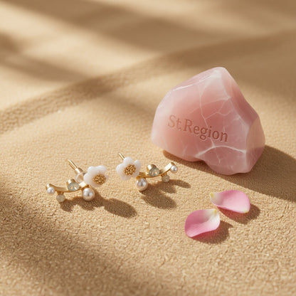 Shell and Pearl 18k Gold-Plated Flower Ear Climbers, everyday style, detail close-up