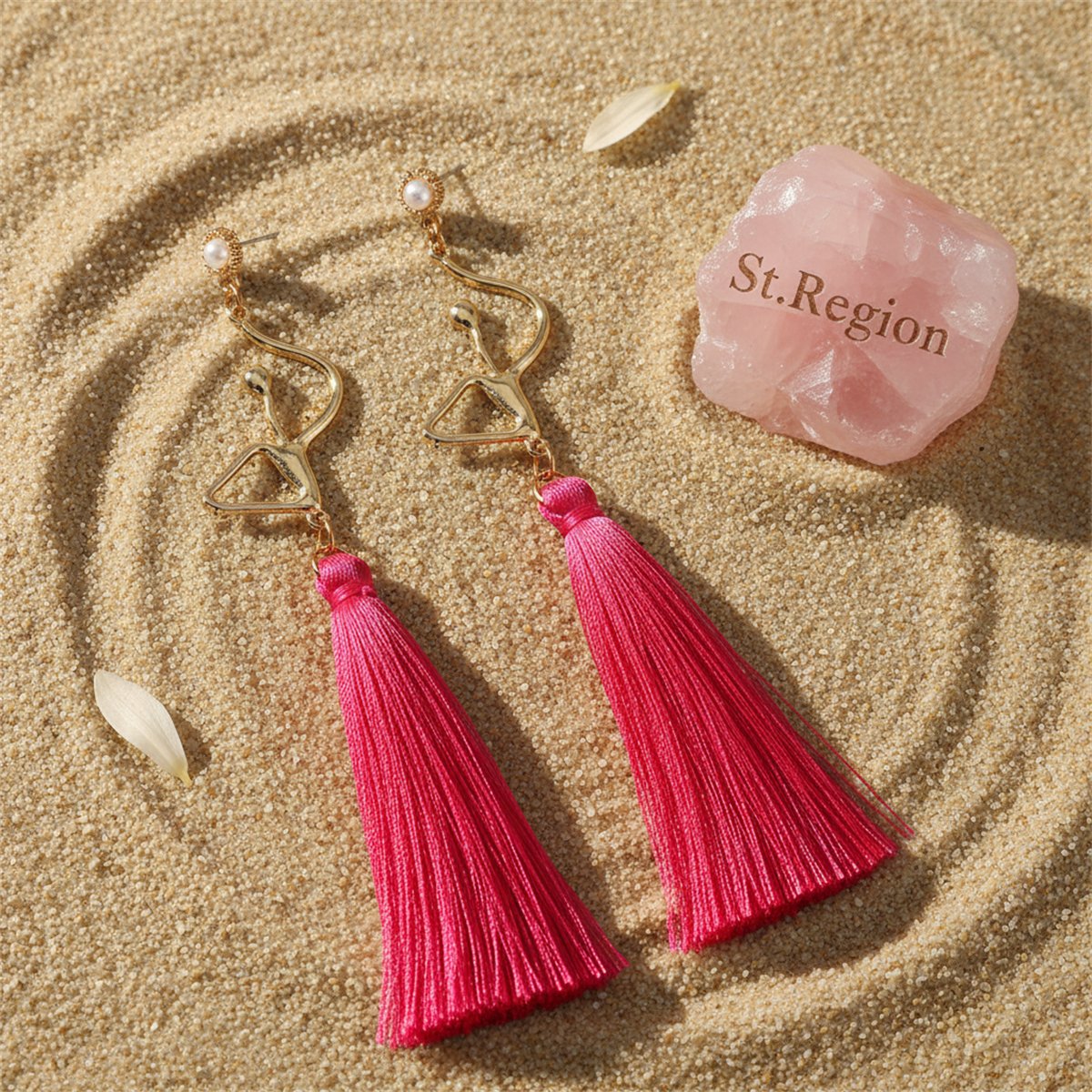 Pearl and Polyster 18K Gold-Plated Figure Tassel Drop Earrings, gold drop earrings for women, detail close-up