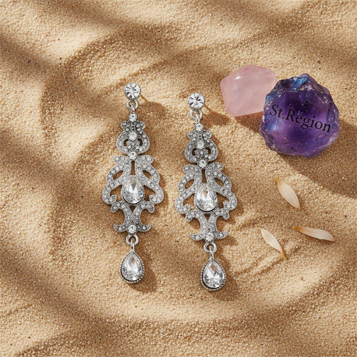 Crystal and Cubic Zirconia Drop Statement Earrings, drop earrings for women, elegant gift for her, detail close-up
