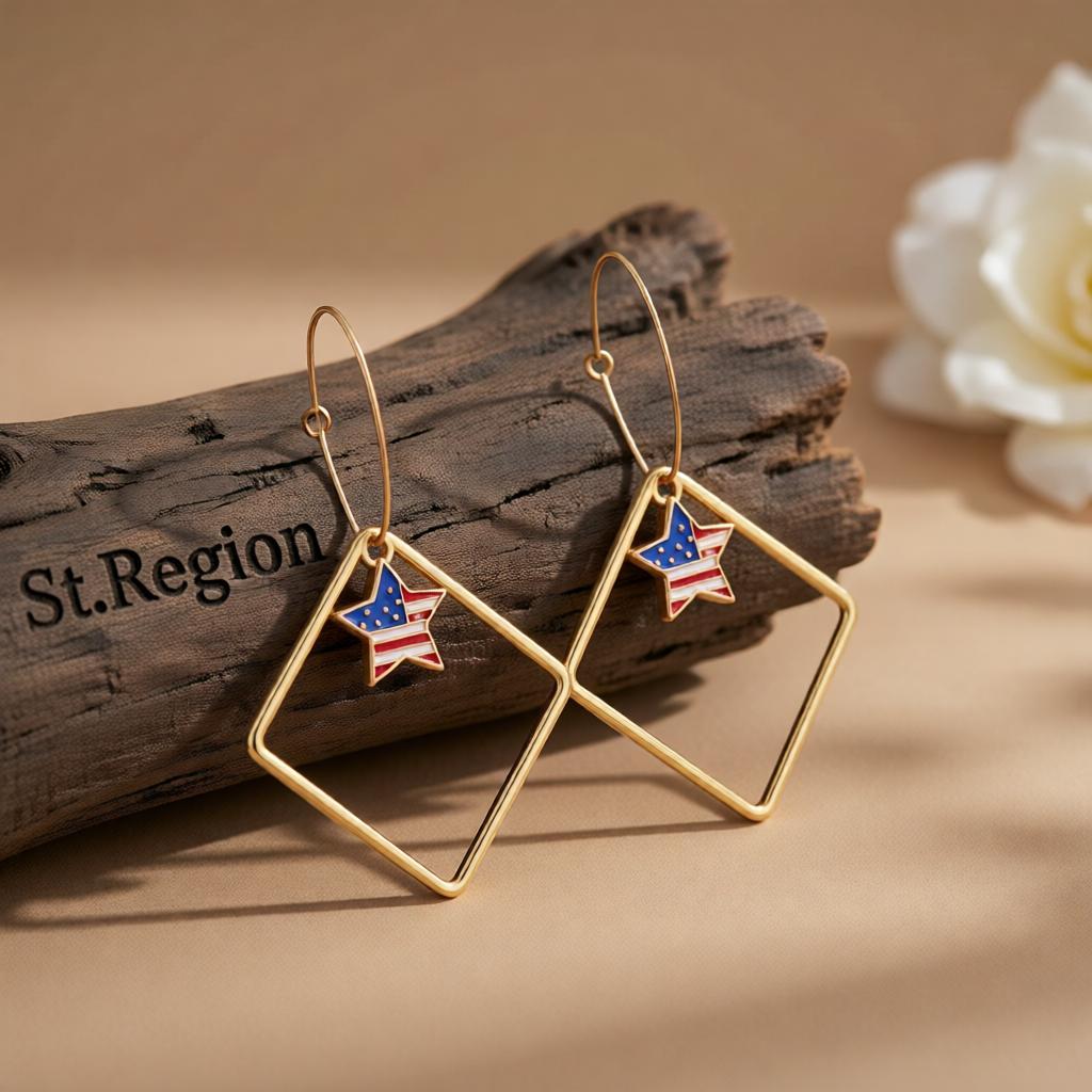 18K Gold-Plated American Flags Star & Hollow Square Drop Earrings
