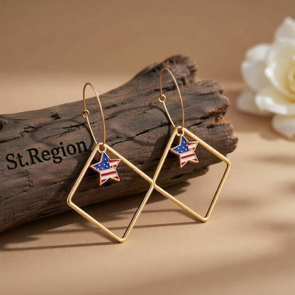 18K Gold-Plated American Flags Star & Hollow Square Drop Earrings