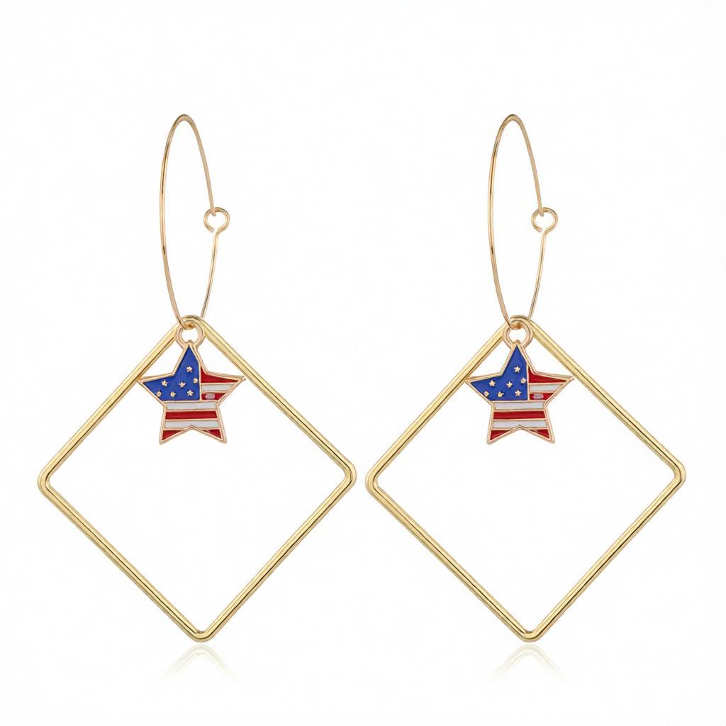 18K Gold-Plated American Flags Star & Hollow Square Drop Earrings