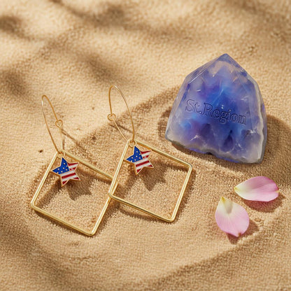 18K Gold-Plated American Flags Star & Hollow Square Drop Earrings
