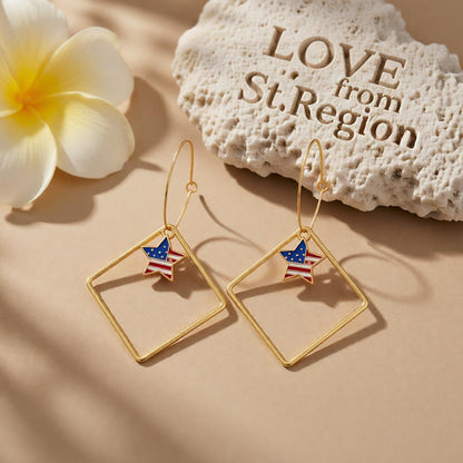 18K Gold-Plated American Flags Star & Hollow Square Drop Earrings