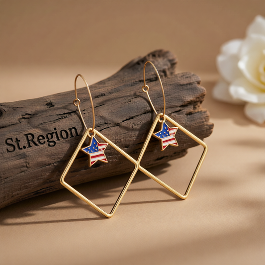 18K Gold-Plated American Flags Star & Hollow Square Drop Earrings