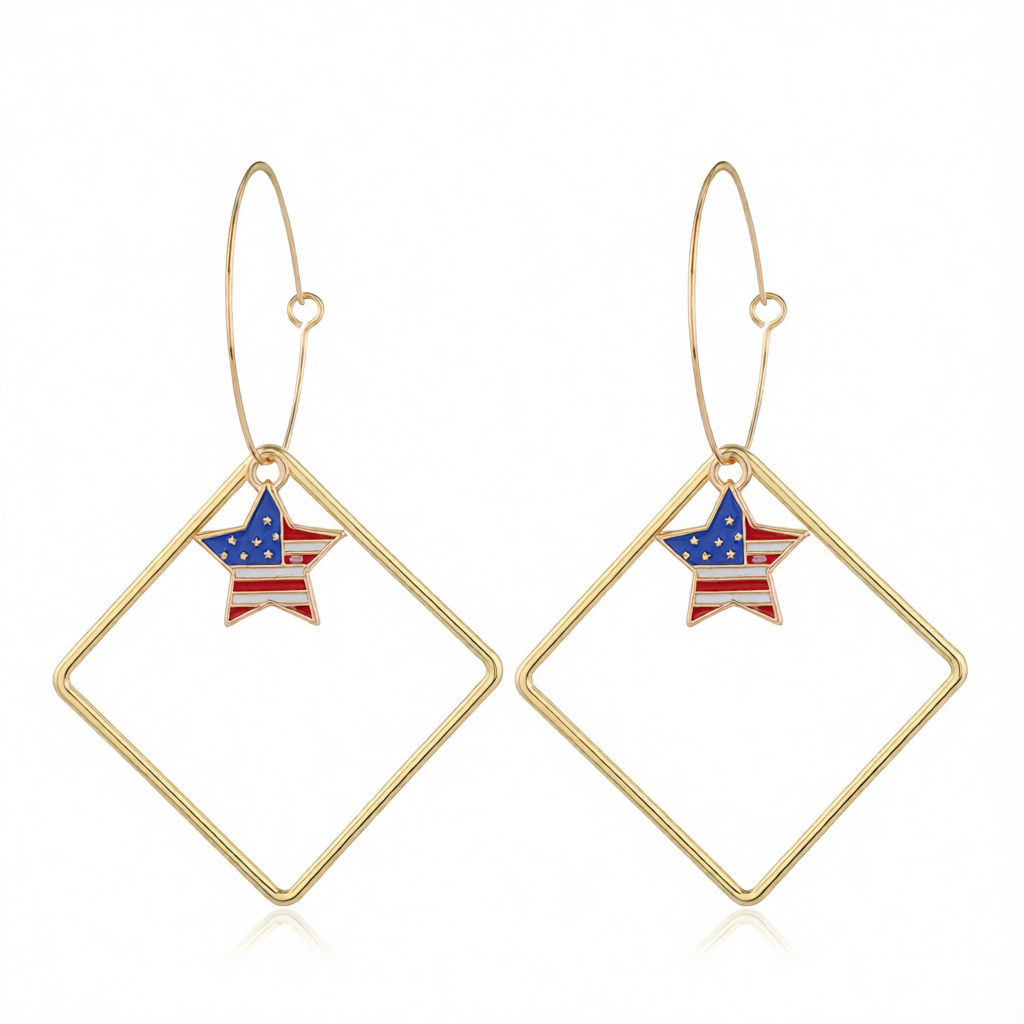 18K Gold-Plated American Flags Star & Hollow Square Drop Earrings