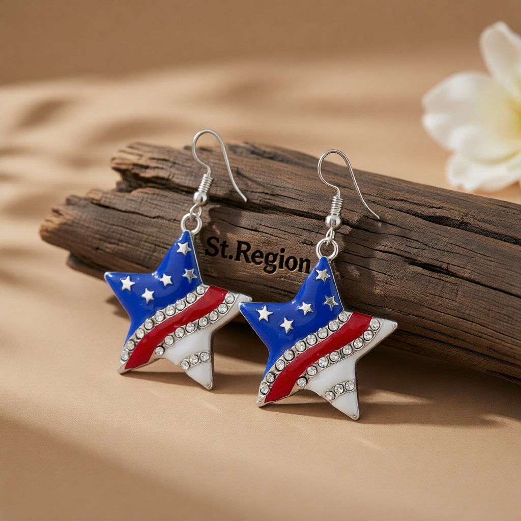 Cubic Zirconia and Silver-Plated Flag Star Drop Earrings, silver drop earrings for women, elegant gift for her, front view