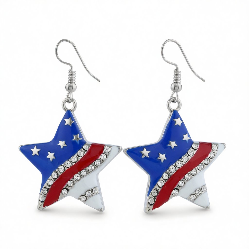 Cubic Zirconia and Silver-Plated Flag Star Drop Earrings, silver drop earrings for women, elegant gift for her, side view