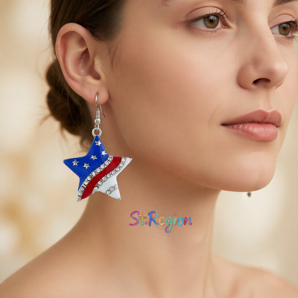 Cubic Zirconia and Silver-Plated Flag Star Drop Earrings, silver drop earrings for women, elegant gift for her, styled look
