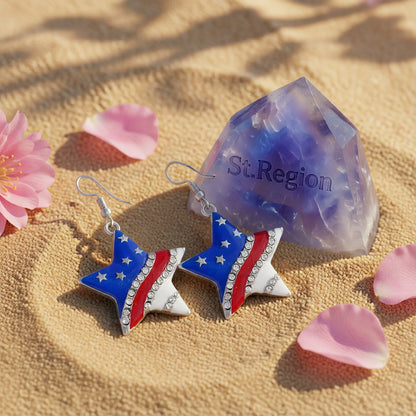 Cubic Zirconia and Silver-Plated Flag Star Drop Earrings, silver drop earrings for women, detail close-up