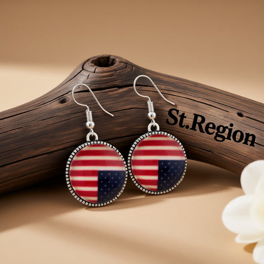 Red Resin and Silver-Plated American Flag Round Drop Earrings, silver drop earrings for women, everyday style, front view