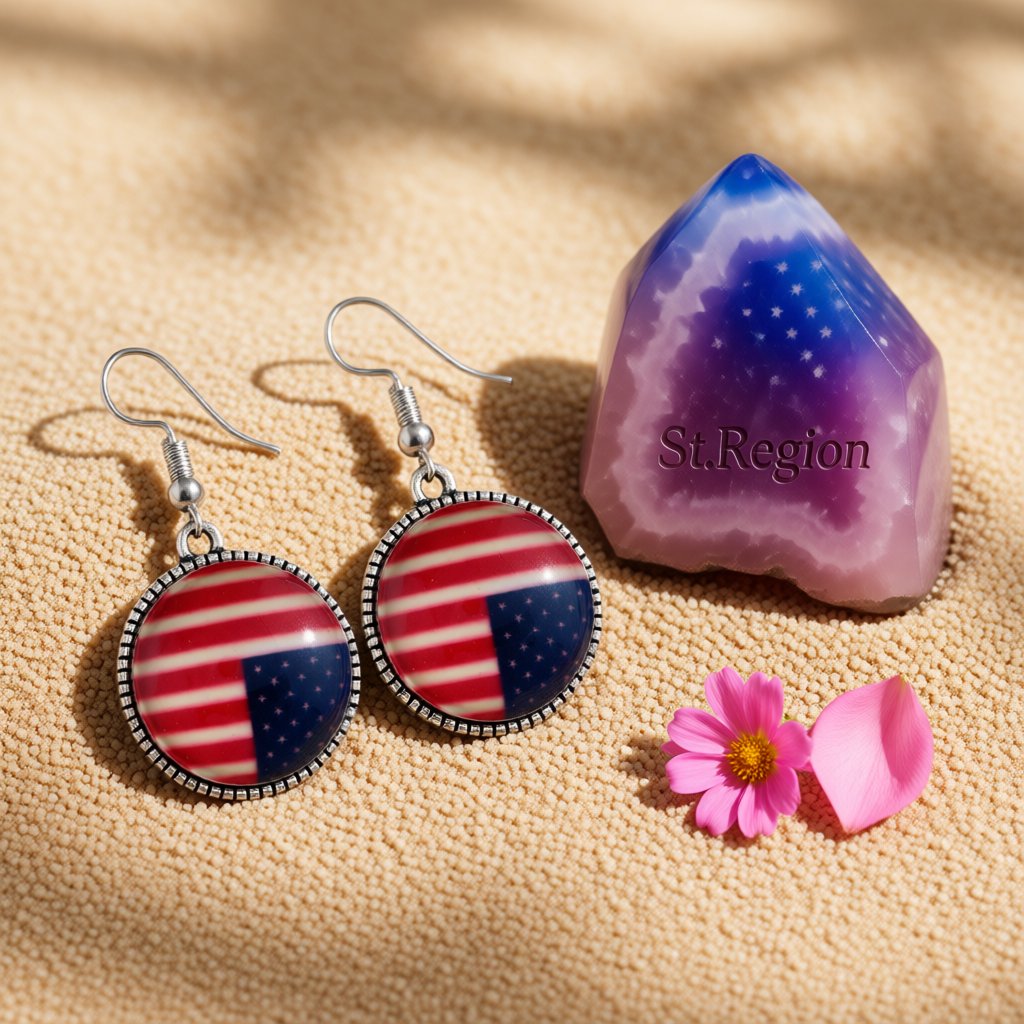 Red Resin and Silver-Plated American Flag Round Drop Earrings, silver drop earrings for women, detail close-up