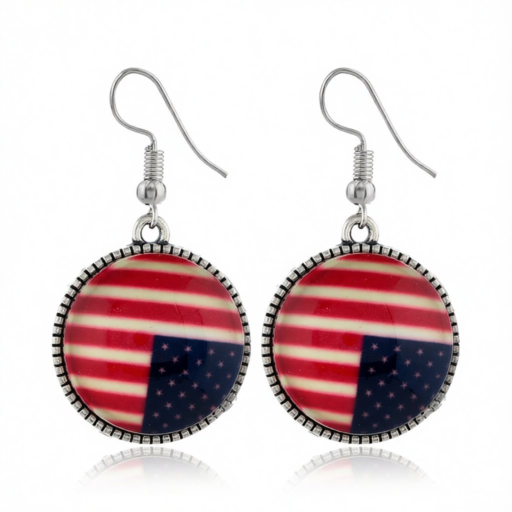 Red Resin and Silver-Plated American Flag Round Drop Earrings, silver drop earrings for women, side view
