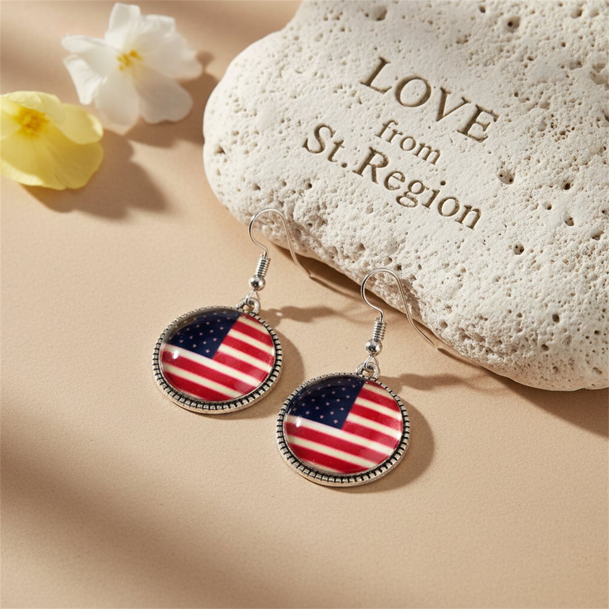 Red Resin and Silver-Plated American Flag Round Drop Earrings, silver drop earrings for women, lifestyle look