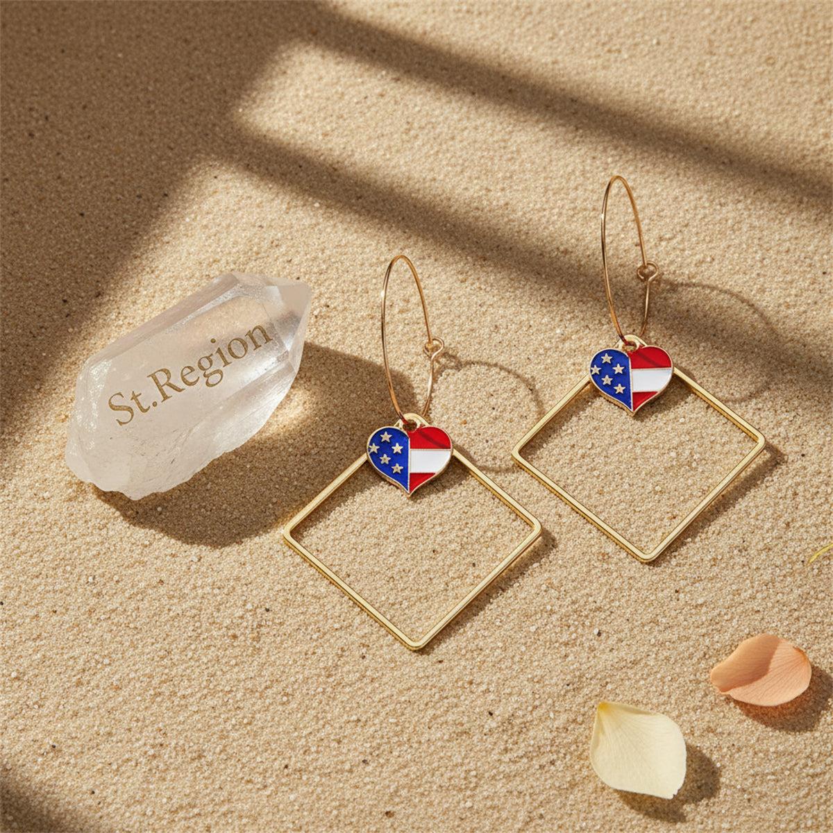 18K Gold-Plated American Flag Heart Hollow Drop Earrings, gold drop earrings for women, everyday style, detail close-up