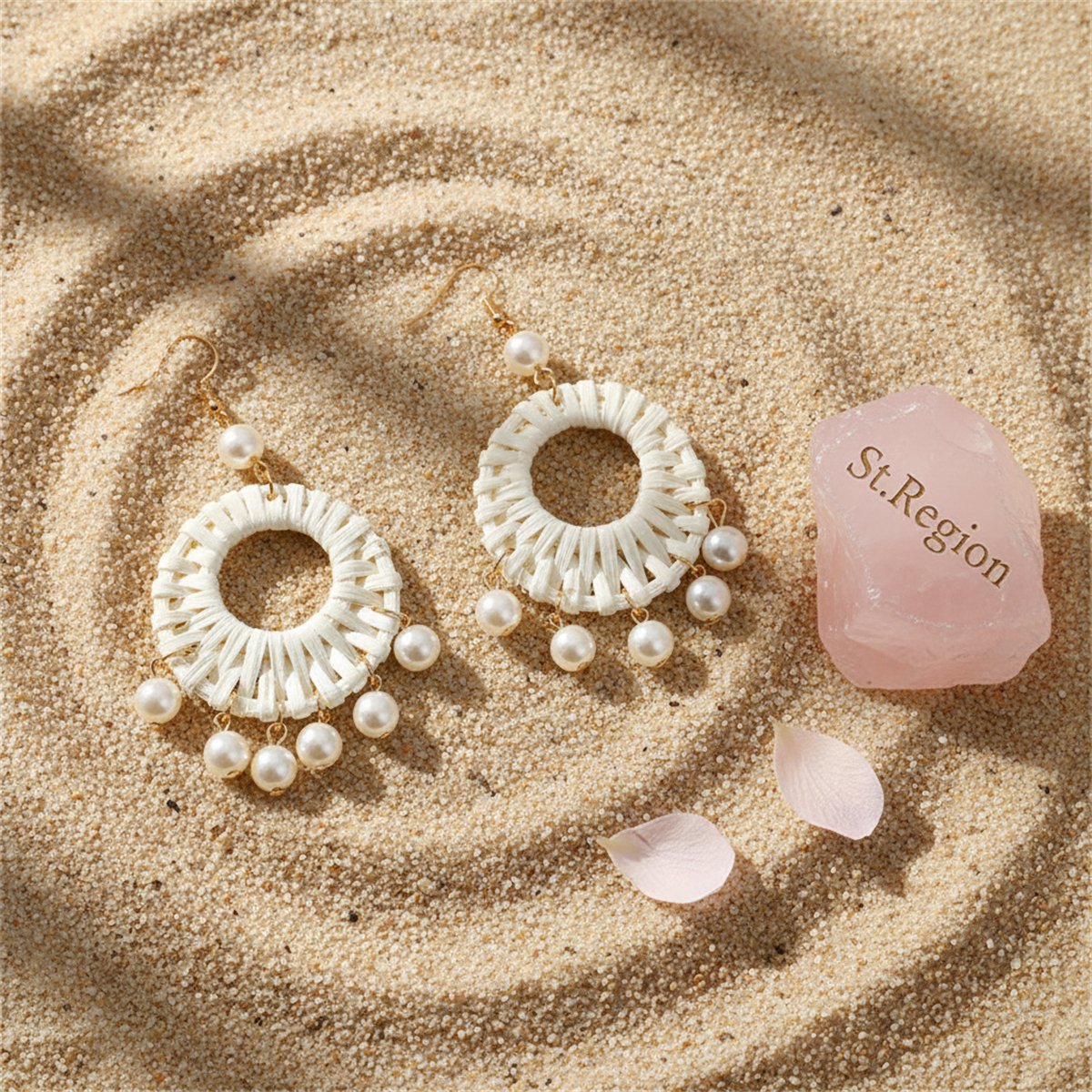 Rattan and Pearl 18K Gold-Plated Drop Earrings, gold drop earrings for women, botanical inspired, detail close-up