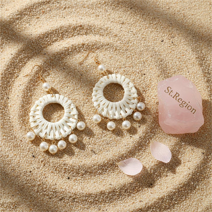 Rattan and Pearl 18K Gold-Plated Drop Earrings, gold drop earrings for women, botanical inspired, detail close-up