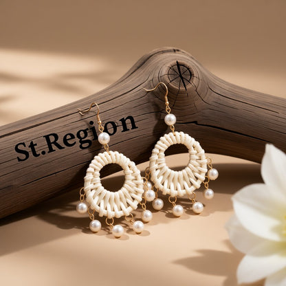 Rattan and Pearl 18K Gold-Plated Drop Earrings, gold drop earrings for women, botanical inspired, front view