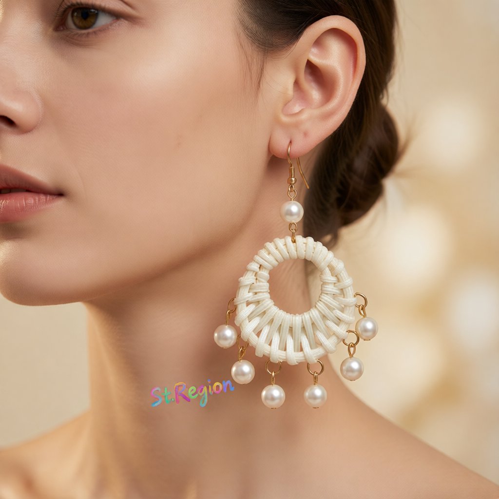 Rattan and Pearl 18K Gold-Plated Drop Earrings, gold drop earrings for women, botanical inspired, styled look