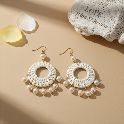 Rattan and Pearl 18K Gold-Plated Drop Earrings, gold drop earrings for women, botanical inspired, lifestyle look