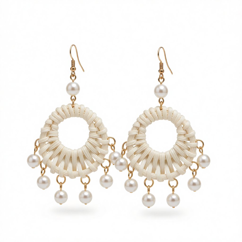 Rattan and Pearl 18K Gold-Plated Drop Earrings, gold drop earrings for women, botanical inspired, side view