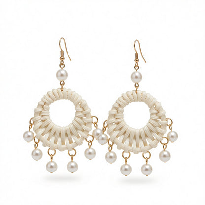 Rattan and Pearl 18K Gold-Plated Drop Earrings, gold drop earrings for women, botanical inspired, side view