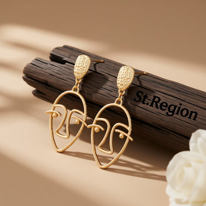 18K Gold-Plated Hollow Face Drop Earrings, gold drop earrings for women, dainty minimalist design, front view