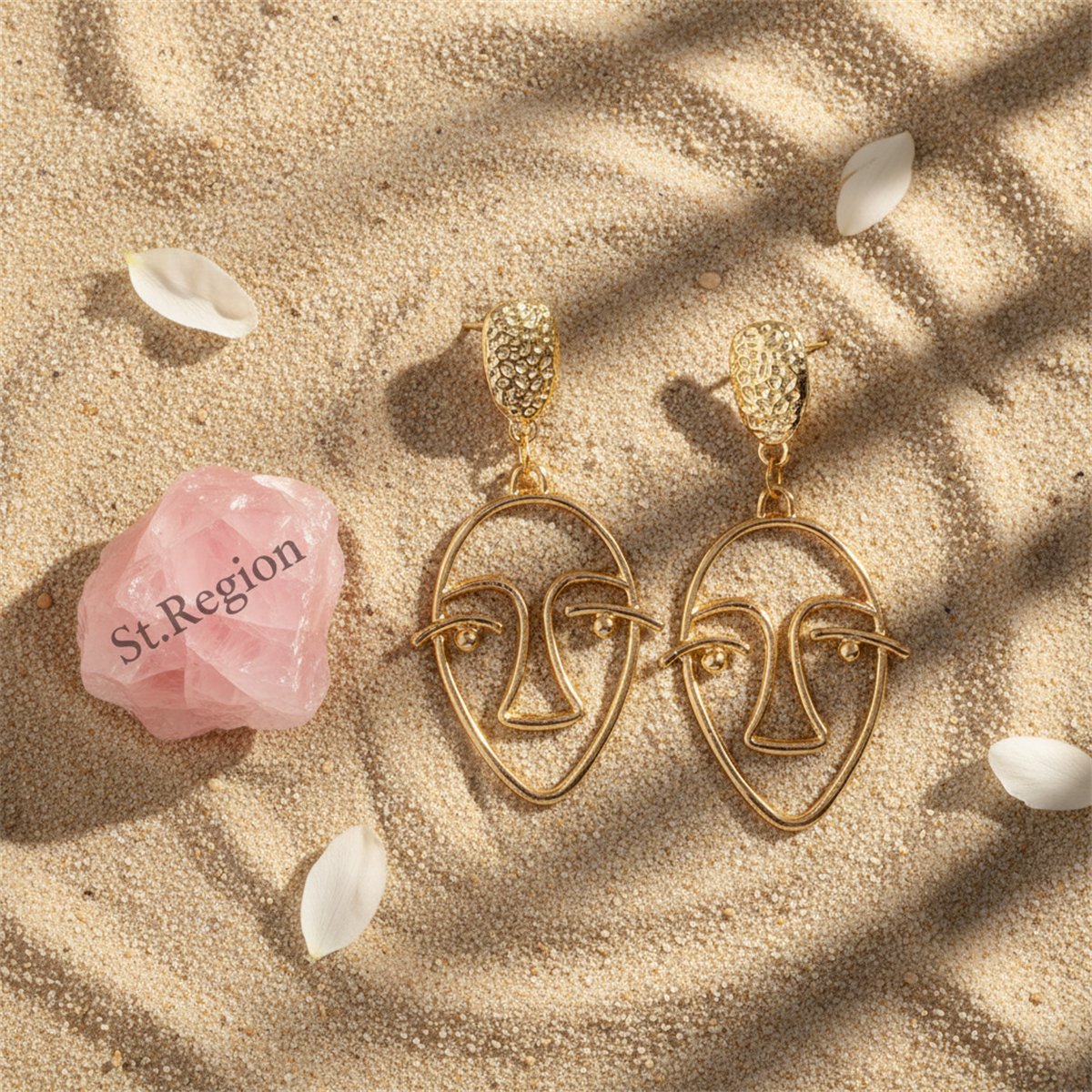 18K Gold-Plated Hollow Face Drop Earrings, gold drop earrings for women, dainty minimalist design, detail close-up