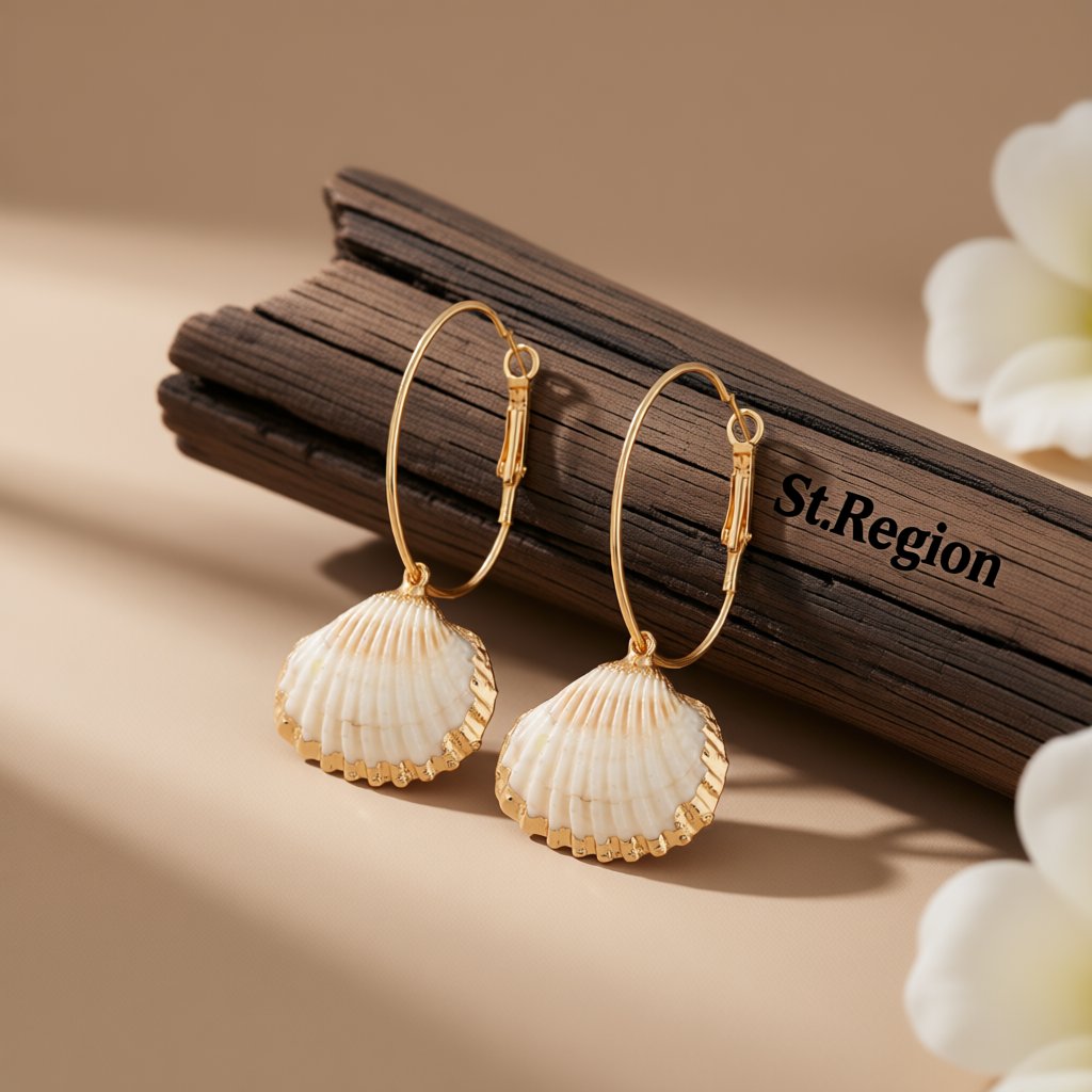 Shell and 18K Gold-Plated Charm Hoop Earrings, gold huggie earrings, elegant gift for her, front view